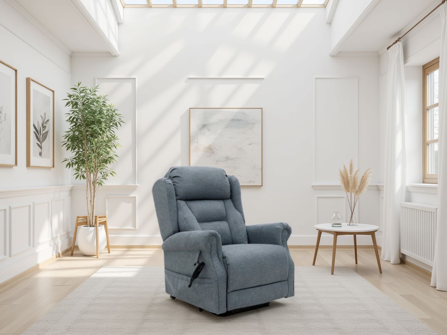 Blue recliner chair in a bright living room with white walls and large windows.